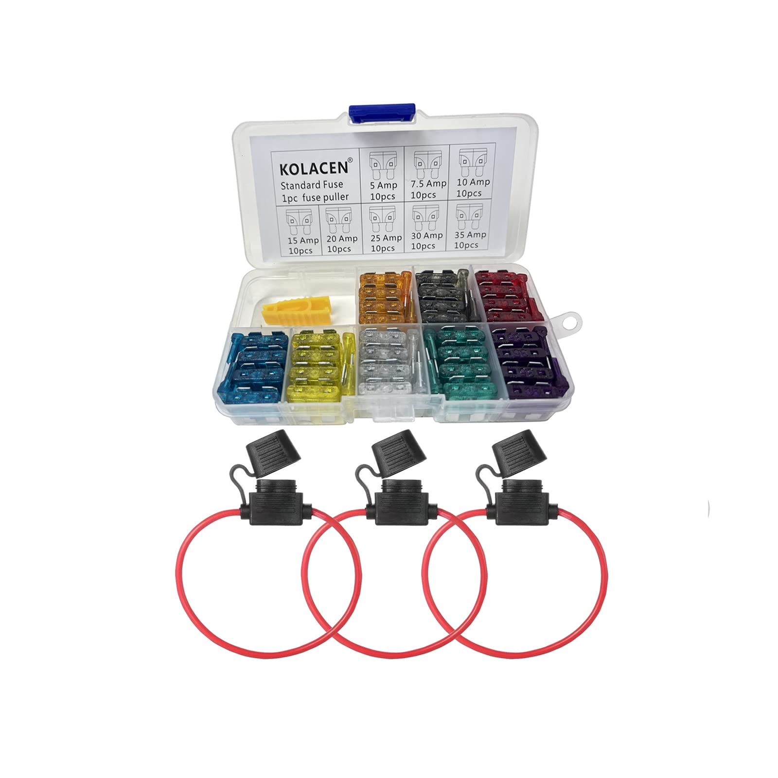 KOLACEN Automotive Car Regular Standard Blade Type Fuse Assorted Kit 81 Pieces + 3 Pieces In-line 14 Gauge Standard Fuse Holder