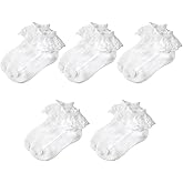 Pretwad 5 Pairs Girls Ruffle Socks, White Lace & Ruffle Ankle Socks for Toddler to Little Kids - Cute Frilly Princess Dress Socks, Fancy Ruffled Lace Dress Socks for Daily Wear, Parties & Gifts