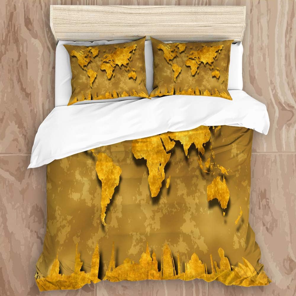 Mokale Duvet Cover 3 Piece Set Gold World map Famous Landmarks Washington,New York,London,Paris,Rome,Moscow,Dubai,Agra,Hong Kong and Sydney Hotel Dorm Quilt Covers with 2 Pillow Shams,Queen 90"x90"