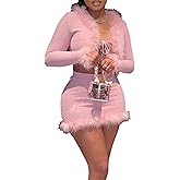 Women Sexy 2 Piece Outfits Rave Tie-up Feather Trim Fur Long Sleeve Cardigan Deep V Blouse