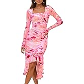 MEROKEETY Women's 2026 Wedding Guest Dress Bodycon Long Sleeve Square Neck Ruched Mesh Cocktail Party Holiday Midi Dresses