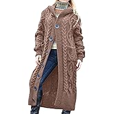BSKNNET Hooded Open Front Sweater Cardigan for Womens Casual Long Sleeve Button Down Chunky Cable Ribbed Knit Coat