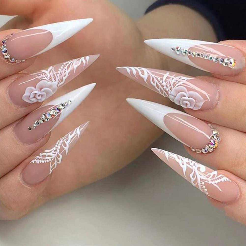 Carufin 24Pcs Plum Blossom Long Pointed French Crystal Acrylic Press on Nails Ballet False for Women Girls (C)