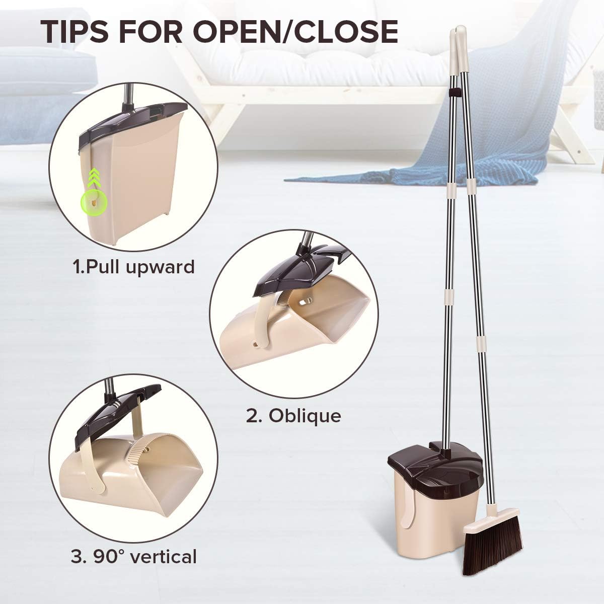 Mosuch Broom and Dustpan Set Extendable Long Handle Brooms Upright Standing Dustpans Lightweight Stainless Self-Clean Soft Broom Combo for Home Indoor Kitchen Lobby Office Living Room: Kitchen & Dining