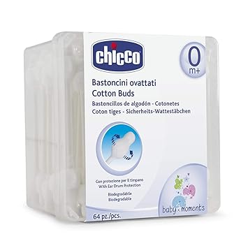 Chicco Cotton Buds Safe Hygiene with Ear Protection, 64 Pieces, White