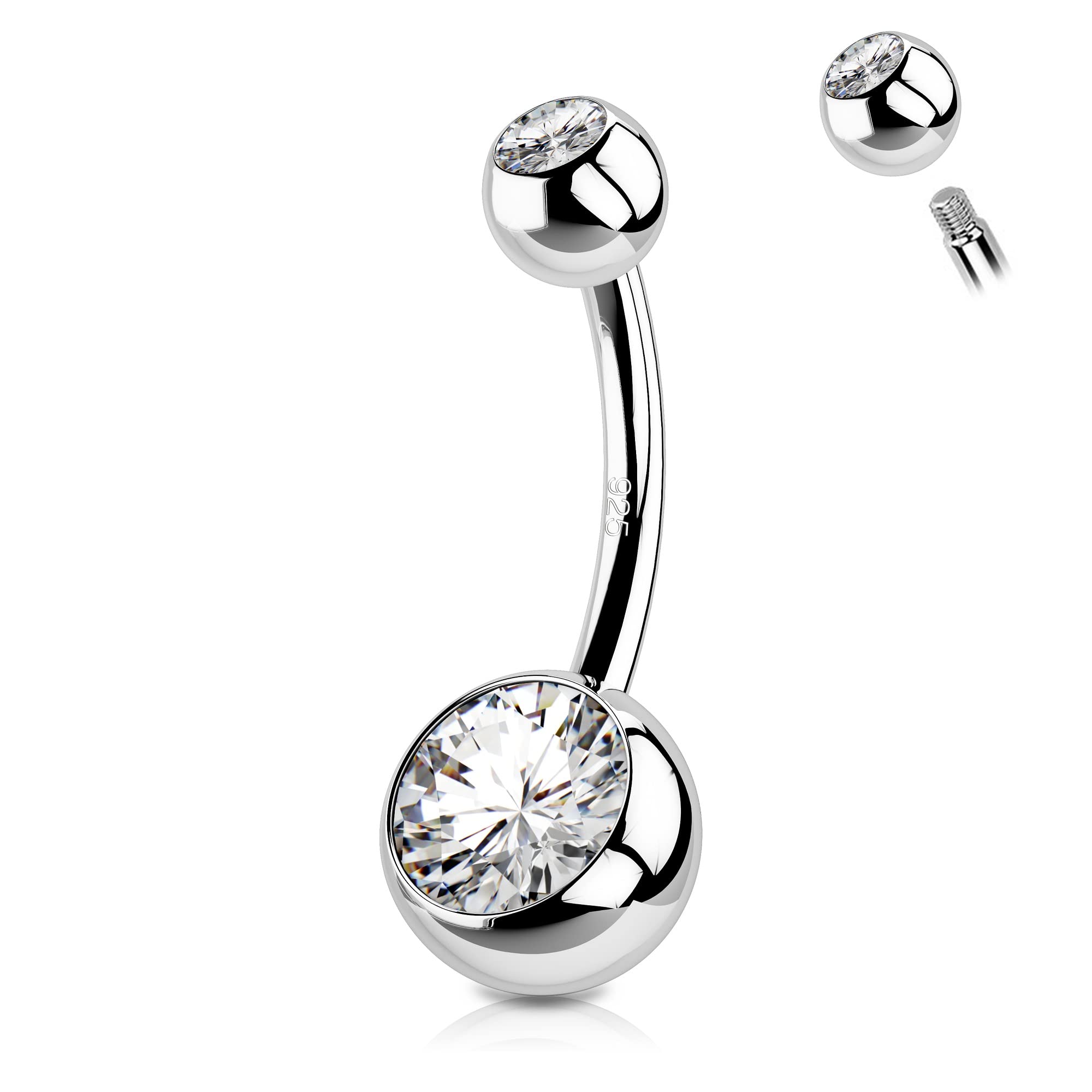 OUFER 14G 925 Belly Bars Sterling Silver Balls Belly Button Bar Navel Ring Piercings Jewellery Clear CZ for Women Gifts Body Jewelry