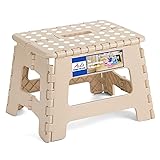 ACKO Folding Step Stool 9 Inch Step Stool 300 lb Capacity Plastic Foldable Step Stools for Kids and Adults, Folding Stool Suitable for Kitchen, Stepping Stool with Handle Khaki Small Step Stool 1PC