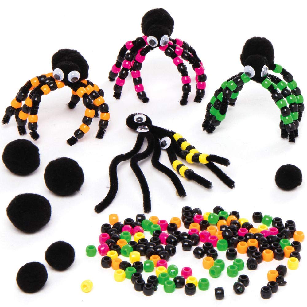 Baker Ross AX290 Spider Bead Craft Kit - Pack of 4, Halloween Decorations, Pipe Cleaner Crafts, Halloween Craft Activity
