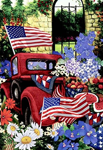 Morigins 4th of July Patriotic Welcome House Flag Double Sided Old Red Truck Yard Flag 28"x40"
