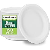 Freshware Paper Plates - Disposable 9" Plate, Biodegradable Sugarcane Fiber Dinner Plates - Heavy Duty Dinnerware for Hot Food - Microwave & Freezer Safe, Stackable Dinnerware - 150-Pack, 9 Inch