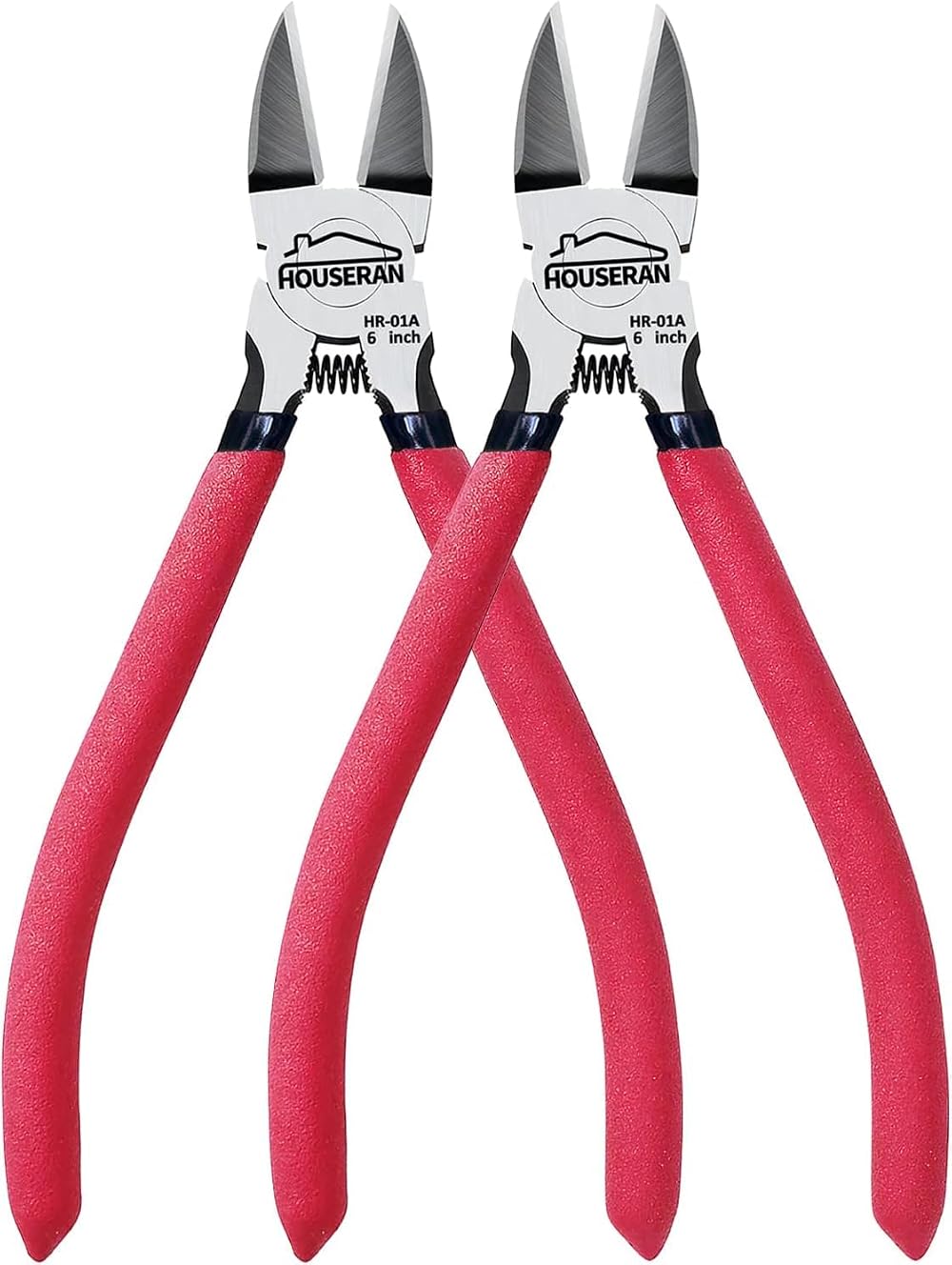 HOUSERAN 6 Inch Wire Cutters 2 Pack Flush Cut Pliers Spring Loaded Red Handle