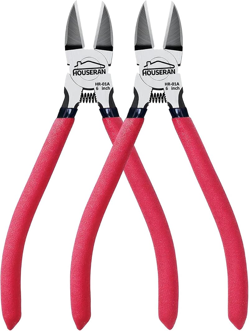 HOUSERAN 6 Inch Wire Cutters 2 Pack Flush Cut Pliers Spring Loaded Red Handle