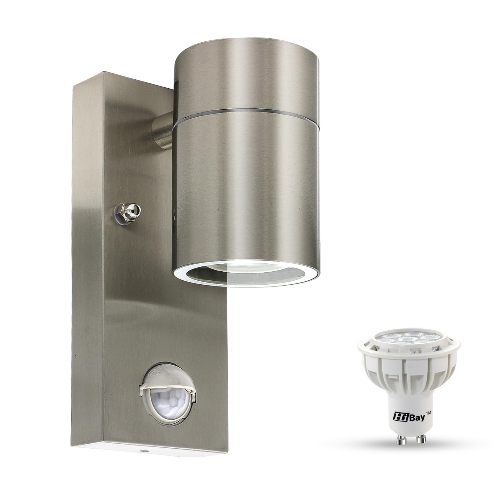 HiBay 1x Motion Sensor Outdoor Wall Lights Mains Powered PIR Garden Porch Wall Light Stainless Steel Security Lighting IP44 with 7W LED Cool White Bulb