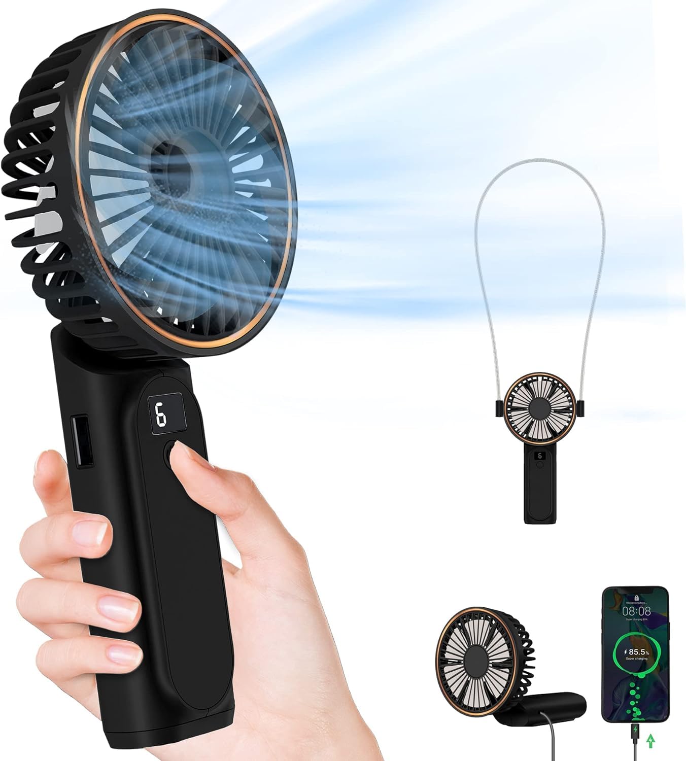 Photo 1 of TUNISE Portable Handheld Fan, 4000mAh, 180 Adjustable, 6 Speed Wind, Display Electricity in Real Time, USB Rechargeable Foldable Personal Fan