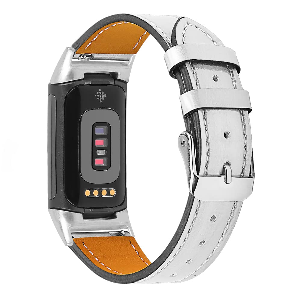 Gimuk Compatible with Fitbit Charge 5 Strap for Women Men, Genuine Leather Adjustable Sports Strap Replacement Wristband for Charge 5 Tracker Small Large (Bling Silver)