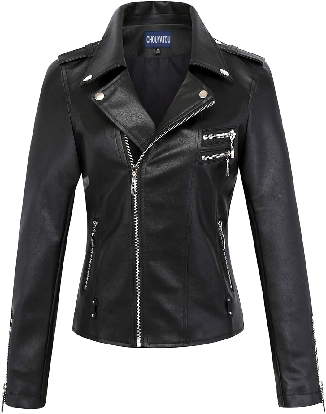 chouyatou Women's Classic Assymetric Zip Slim Punk Stylish Faux Leather Moto Jacket