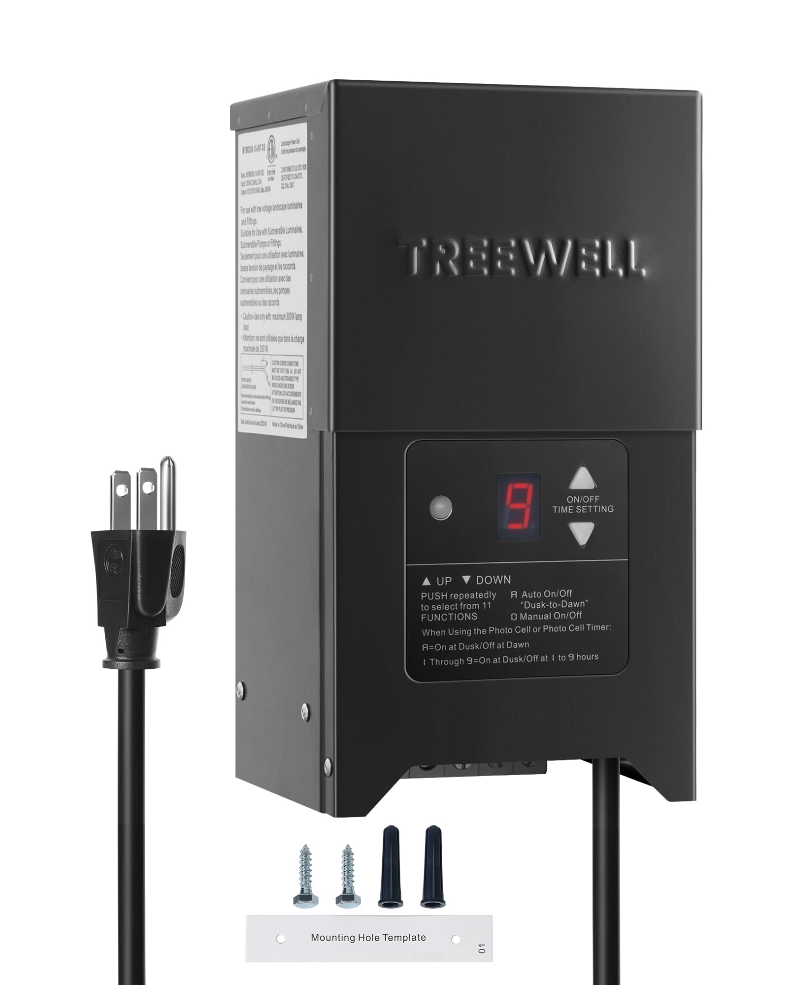 Photo 1 of TREEWELL 300W Low Voltage Landscape Transformer, Outdoor Landscape Lighting Transformer with Photocell Sensor & Timer, 120V AC to 12V/15V AC, Stainless Steel Waterproof Transformer, Black, ETL Listed