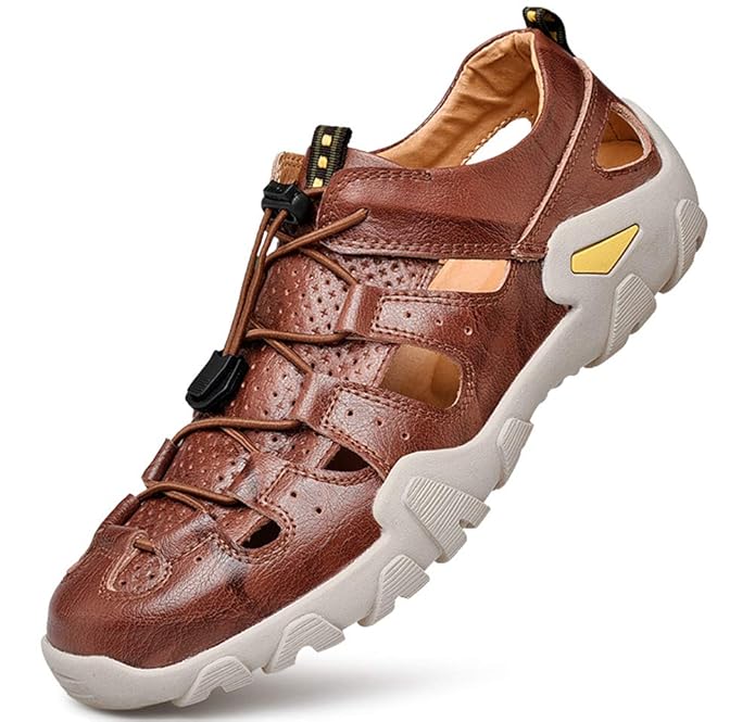 tqgold® Herren Leder Sandalen Sommer Outdoor Sport Schnellverschluss Geschlossene Wandersandale