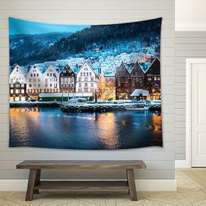 Night View in Bruges, Bergen, Norway - Fabric Wall Tapestry Home Decor - 51x60 inches