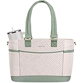 MOSISO Laptop Tote Bag for Women, Puffy Lightweight Work Tote Bag with Laptop Compartment&Trolley Belt, 15.6 inch Large Capacity Handbag Shoulder Bags for College Teacher Work Office Nurse,Beige&Green