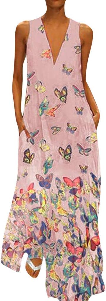 Weant Women'sV-Neck Butterfly Print Maxi Dress W/ Pockets Cocktail