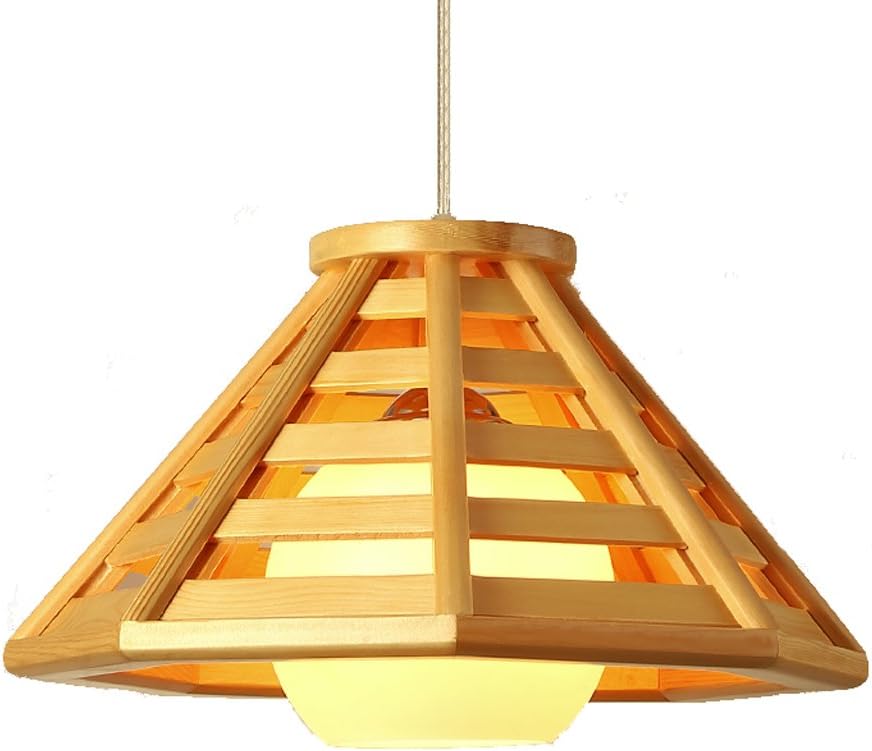 Yuyuan Light Japanese Solid Wood Chandeliers, Creative Restaurant Living Room bar Hotel Decorated Ceiling lamp, Single-Headed Triangular Glass Hanging lamp, Wood Color E27, not Including Bulbs