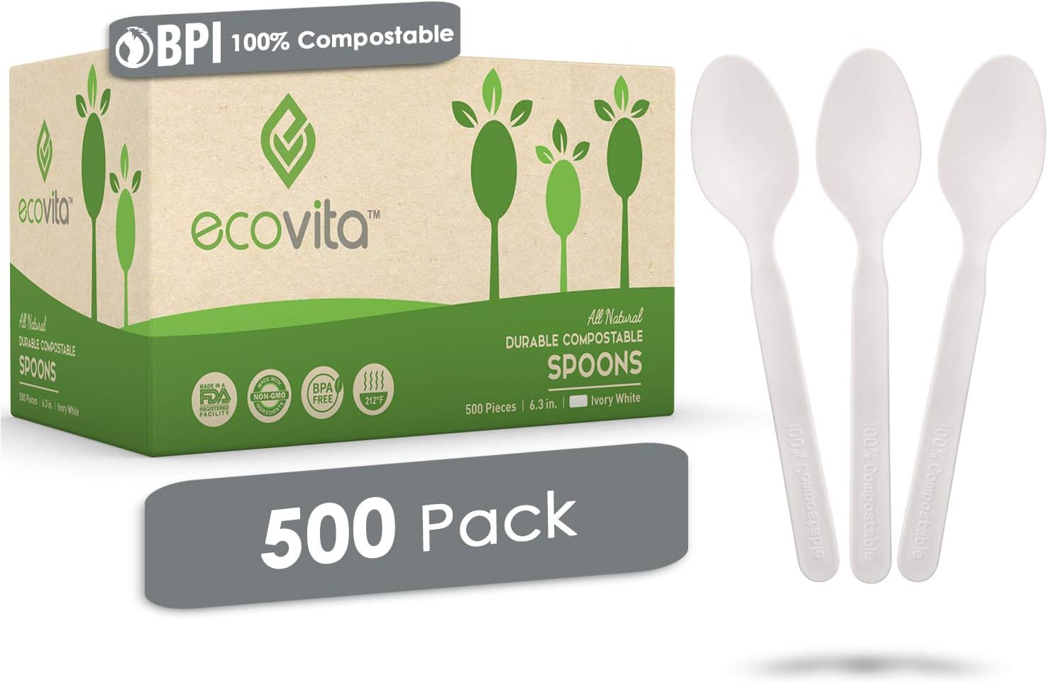 100% Compostable Spoons - 500 Large Disposable Utensils (6.5 in.) Bulk Size Eco Friendly Durable and Heat Resistant Alternative to Plastic Spoons with Convenient Tray by Ecovita: Industrial & Scientific