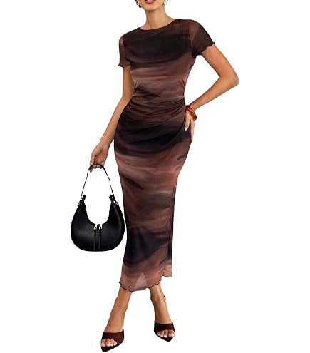 Floerns Women's Tie Dye Long Sleeve Maxi Dress Ruched Bodycon Prom Dress Olive Green Small at Amazon Women's Clothing store