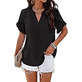 Samefar Womens Tops Dressy Casual V Neck Ruffle Shot Sleeve Shirts Loose Flowy Chiffon Work Business Blouses