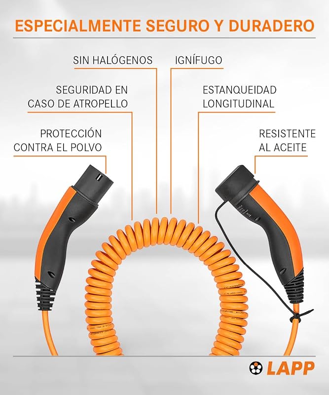 Mobility Cable de Carga EV Tipo 2 - Cable Espiral 11kW, 20A, Trifásico, Resistente al Polvo y al Agua IP55, Flexible, Compatible con Todos los Vehículos Eléctricos e Híbridos Europeos, 5m, Negro