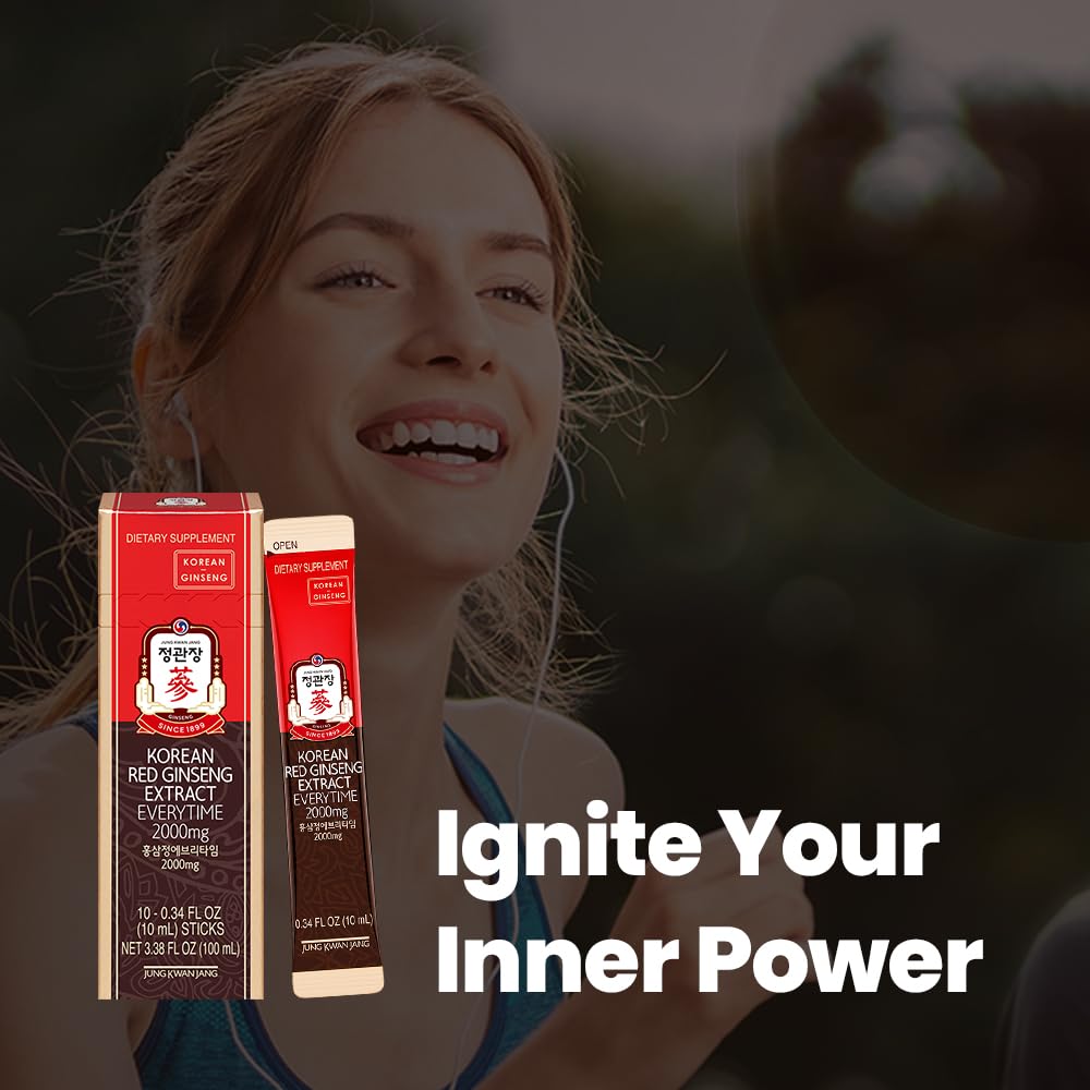 JUNG Kwan Jang Korean Red Ginseng Extract Everytime 2000mg | Panax Ginseng Supplement | Red Ginseng, Giseng Drink, Korean Food | Boost Energy, Immunity | 10 Count