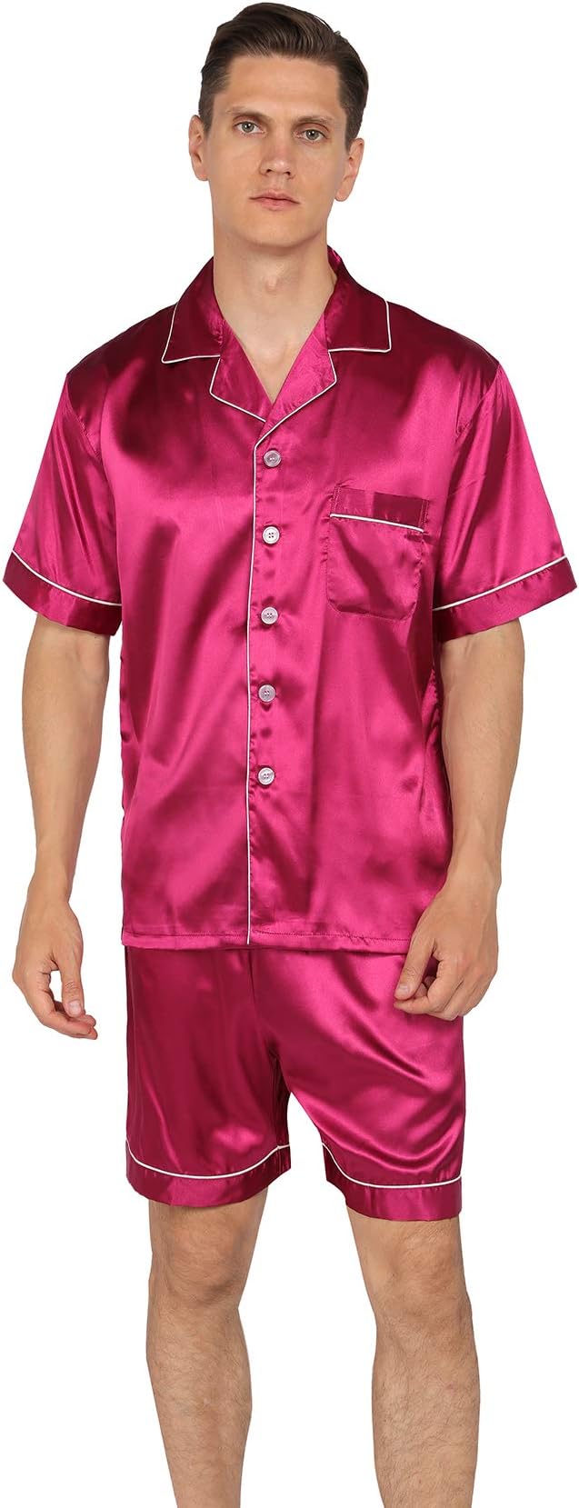 YIMANIE Mens Silk Satin Pajamas Set Short Sleeve and Shorts Classic Sleepwear Loungewear