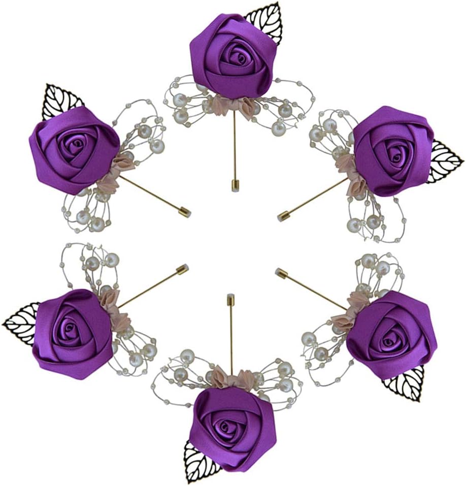 6 Pieces/lot Wedding Boutonniere Handmade Rose Boutonniere Corsage with Pin, Lapel Pin Rose Wedding Boutonniere for Wedding Prom Party Decor (Purple)