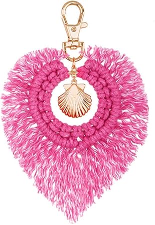Amazon Fhtmty ビッグハートボヘミアンタッセルキーホルダーバッグチャーム手作りの綿糸編組ロープシェルキーホルダーギフト キーケース キーホルダー 車 バイク