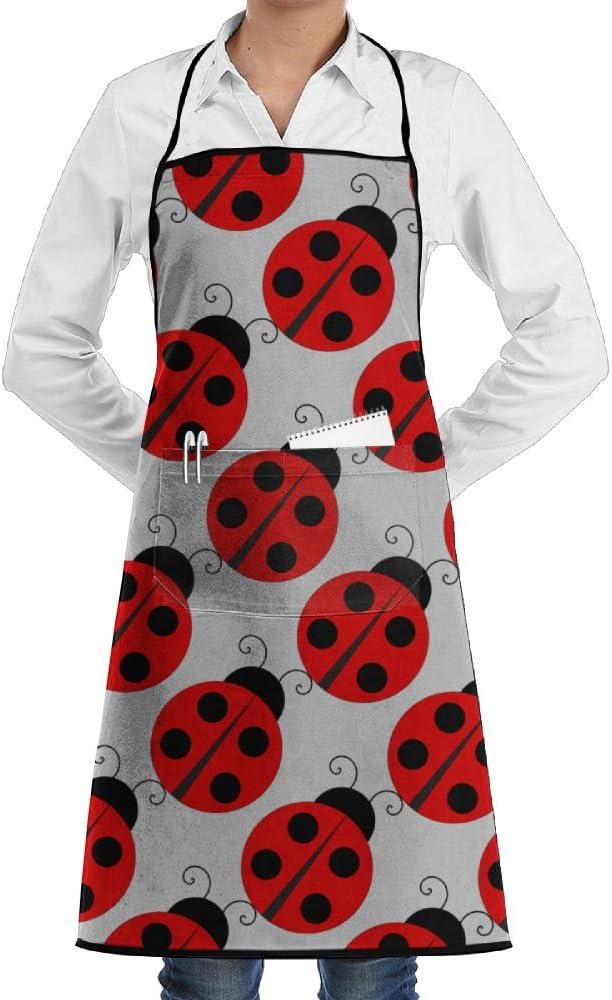 CYSHOW Lovely Ladybug Novelty 3D Print Water Resistant Polyester Kitchen Apron with Big Pockets Machine Washable Easy Care Twill Sewing Bib Apron for Cooking BBQ Party