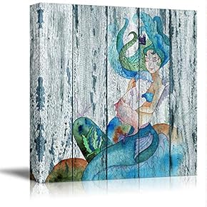 Canvas Wall Art Cartoon Beautiful Mermaid Painting Artwork for Home Prints Framed - 12x12 inches