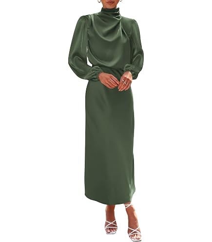 Women Vintage Inspired Satin Midi Dress with Draped Collar Long Sleeve Formal Maxi Dress Waist Fit Elegant Dresses(Beige,Small) at Amazon Women's Clothing store