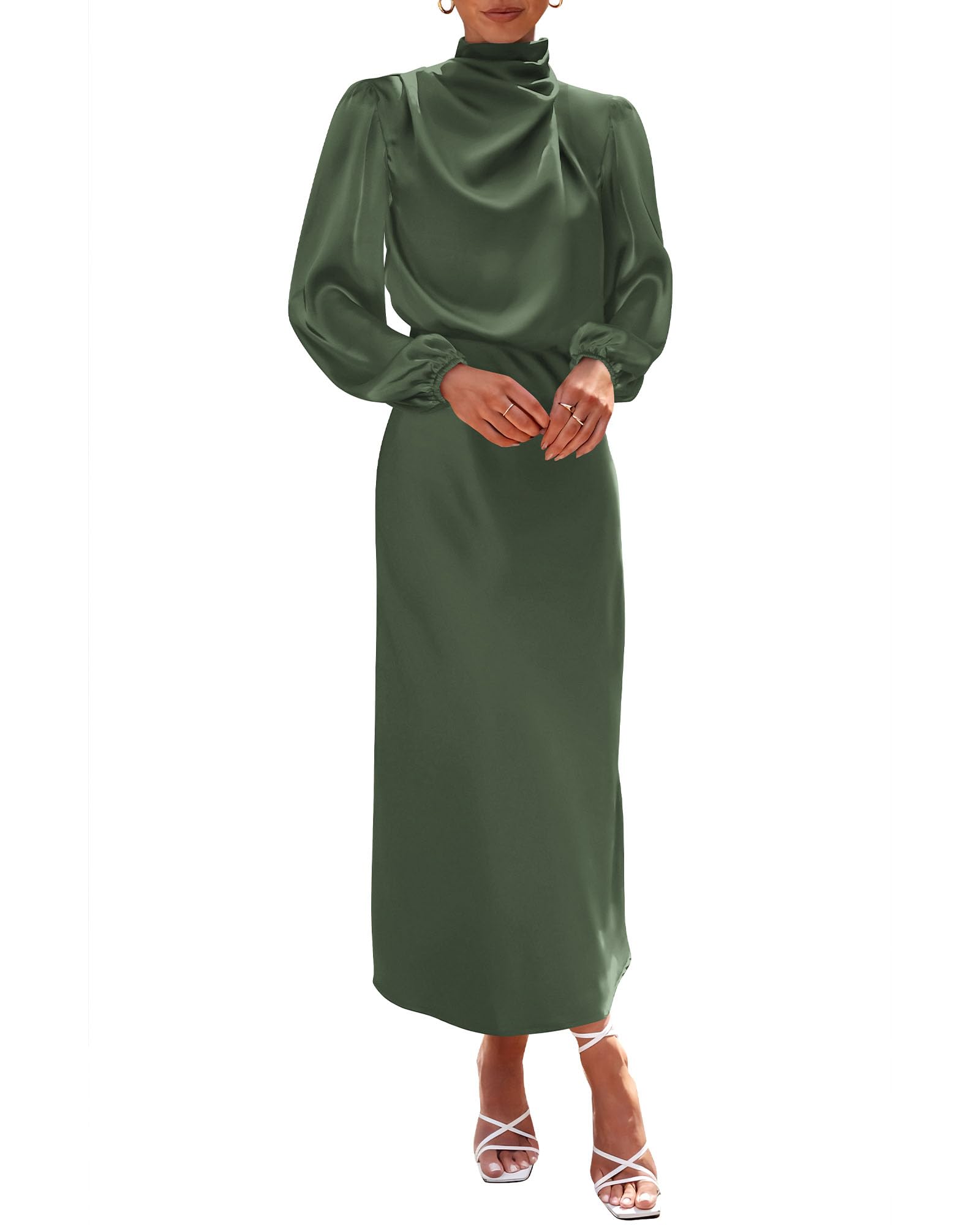 Photo 1 of ***SIMILAR DRESS****BTFBM Womens Mock Neck Satin Dress Spring Summer 2026 Long Sleeve Lightweight Formal Wedding Party Maxi Cocktail Dresses(Army Green, Medium)