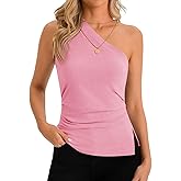 Cicy Bell Womens Summer One Shoulder Tank Tops Slim Fit Asymmetrical Tops Split Hem Ruched Going Out Y2k Shirts