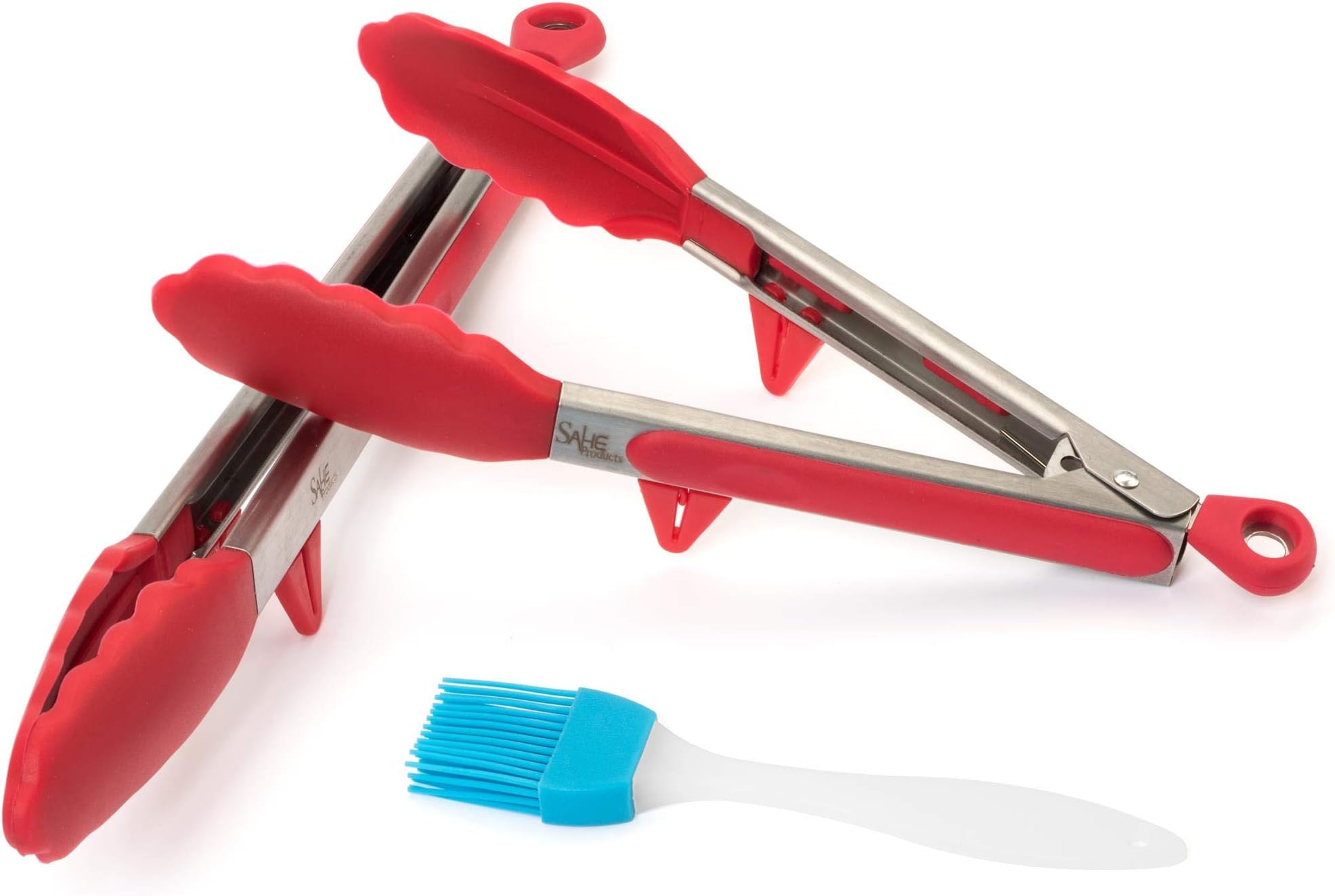 SAHE PRODUCTS Silicone Stainless Steel Kitchen Tong Tongs With Built In Stand Set Safe And Sturdy Plus Bonus Brush Use For Serving Salad As A Turner Of Appetizers BBQ (9 And 12 Inch) (Red)