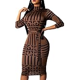 Women Sexy Dresses Bodycon Church 3/4 Sleeve African Print Pencil Party Office Dress Work with Split