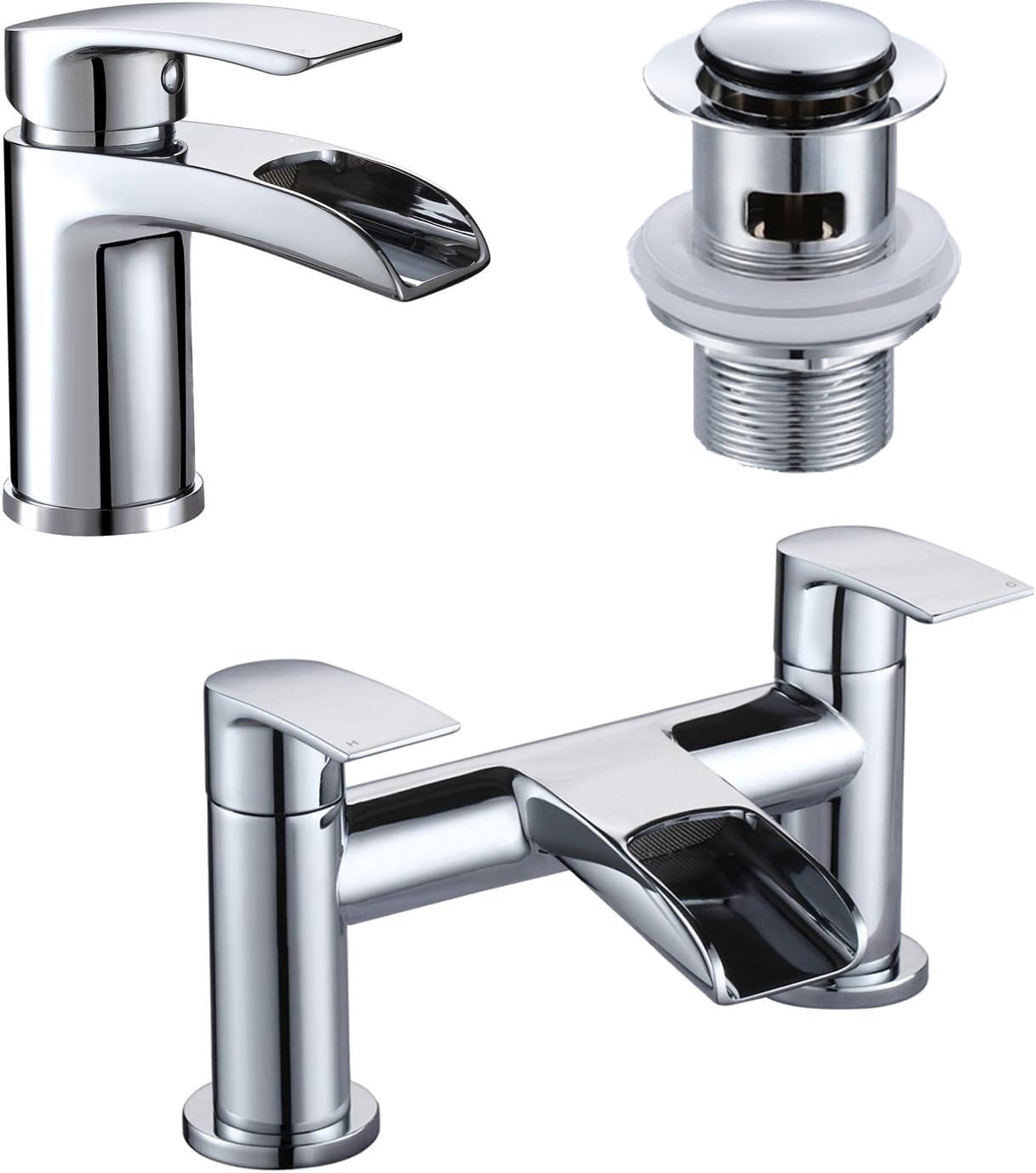 [Basin Tap and Bath Tap] Hapilife Waterfall Bathroom Sink Mixer Tap and Tub Filler Faucet Chrome with Pop Up Waste, Monobloc Bathroom Taps Set