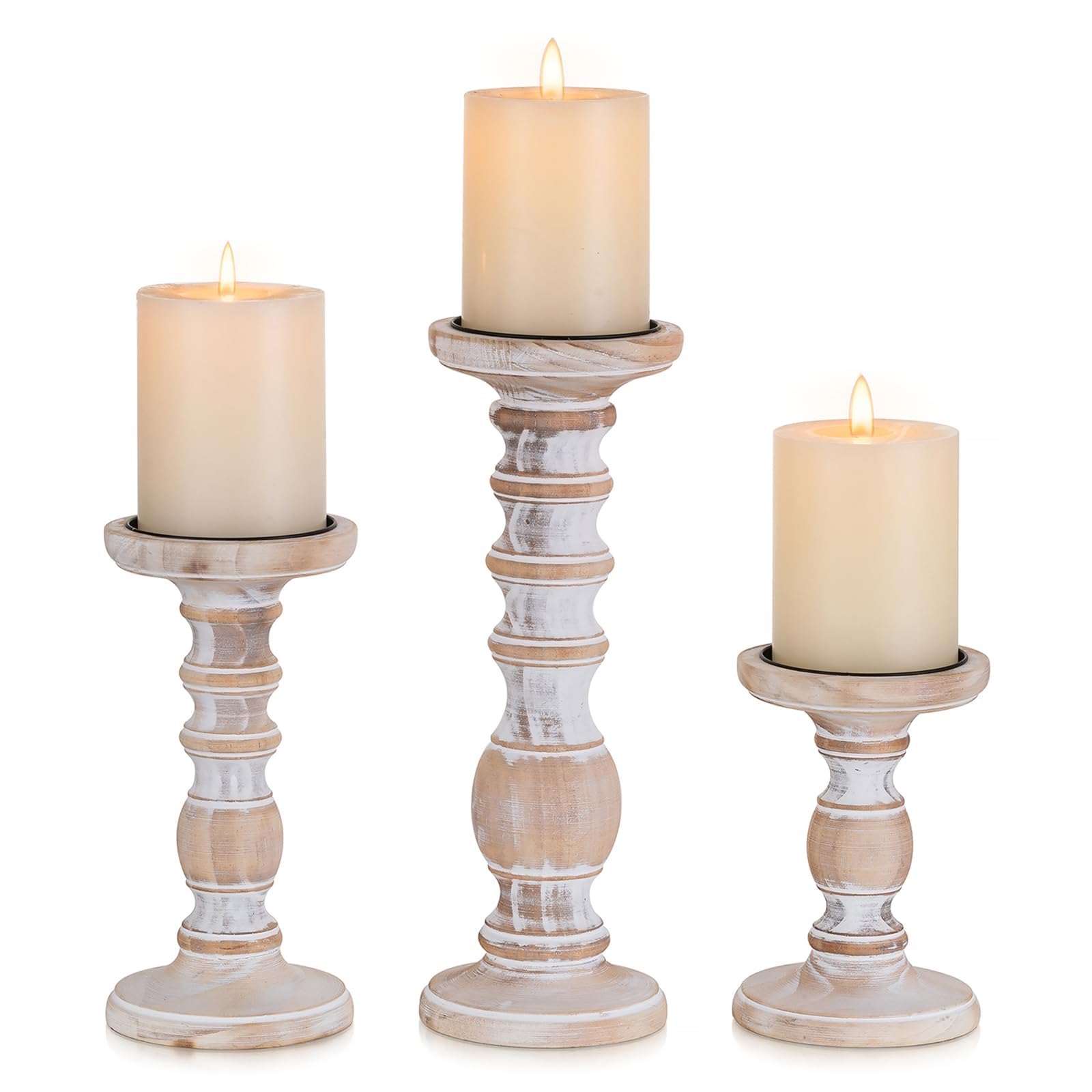 Inweder Wooden Pillar Candle Holders: 3Pcs White Rustic Candle Holder Table Centrepiece Distressed Wood Farmhouse Tea Light Candle Holders for Home Decor Christmas Candleholers Stand for Fireplace