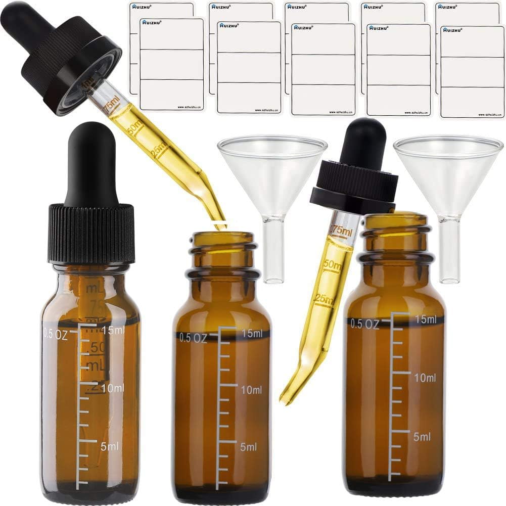 12pcs 15ml Glass dropper eliquid bottle Dropper with non-childproof caps measure scale and strong suction Nozzle bottle with funnel and tags (Brown Glass, 15ml x 12pcs): Kitchen & Dining