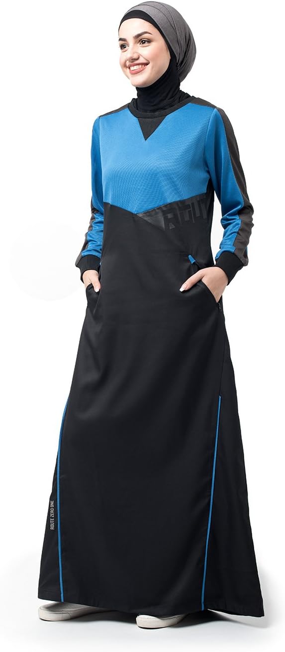 ROUTE 01 Silk Route Royal Blue and Black Structured Knit Polyester Sporty Maxi Dress Jilbab