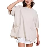 FAIABLE Women Oversized T-Shirt with Pockets Summer Casual Short Sleeve Loose Fit Tee Cotton Shirt Side Slit Crewneck Tops