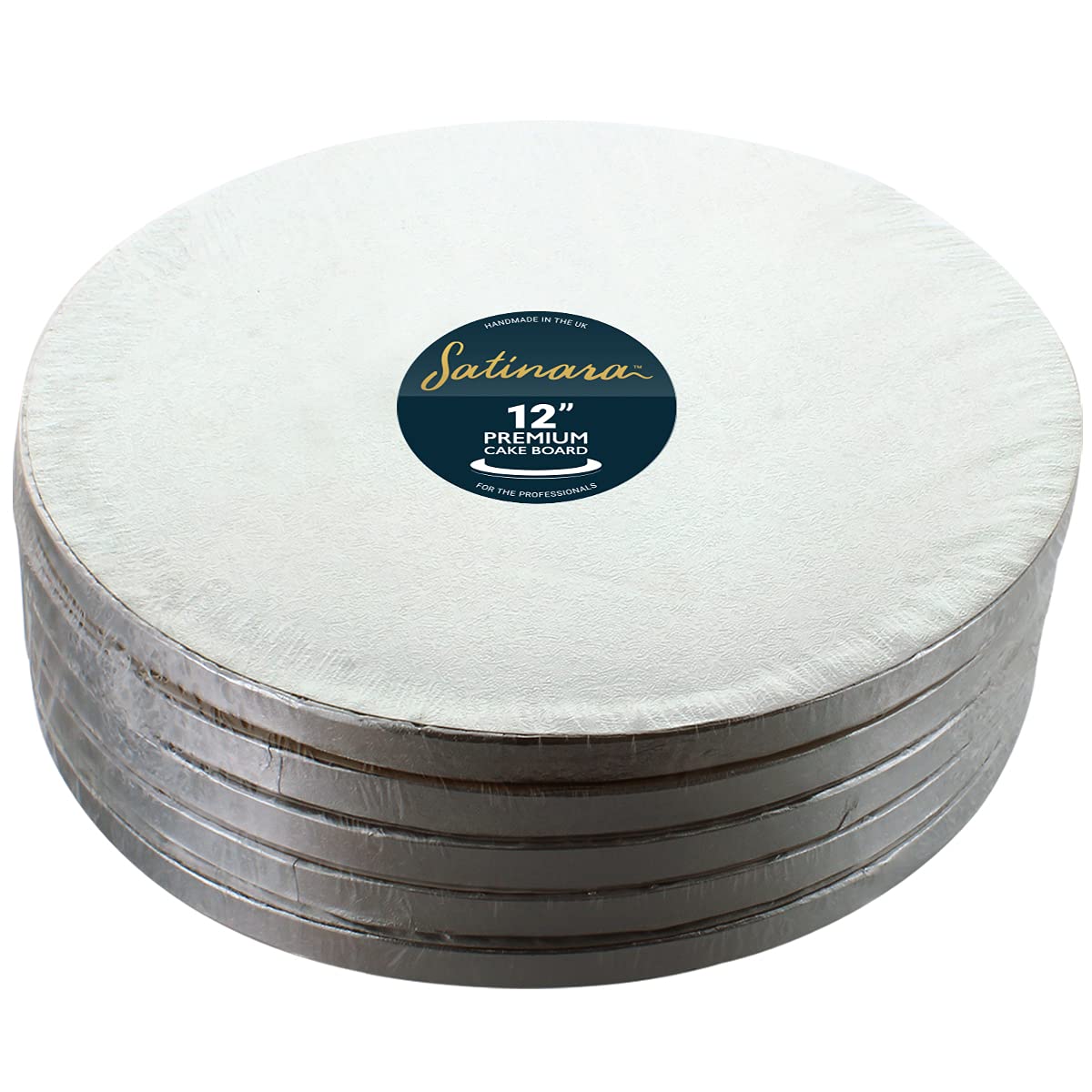 Satinara 12" Cake Boards, Luxury Cake Drums, Silver Foil Covered, 12mm thick - 12 inch Round (Pack of 5)