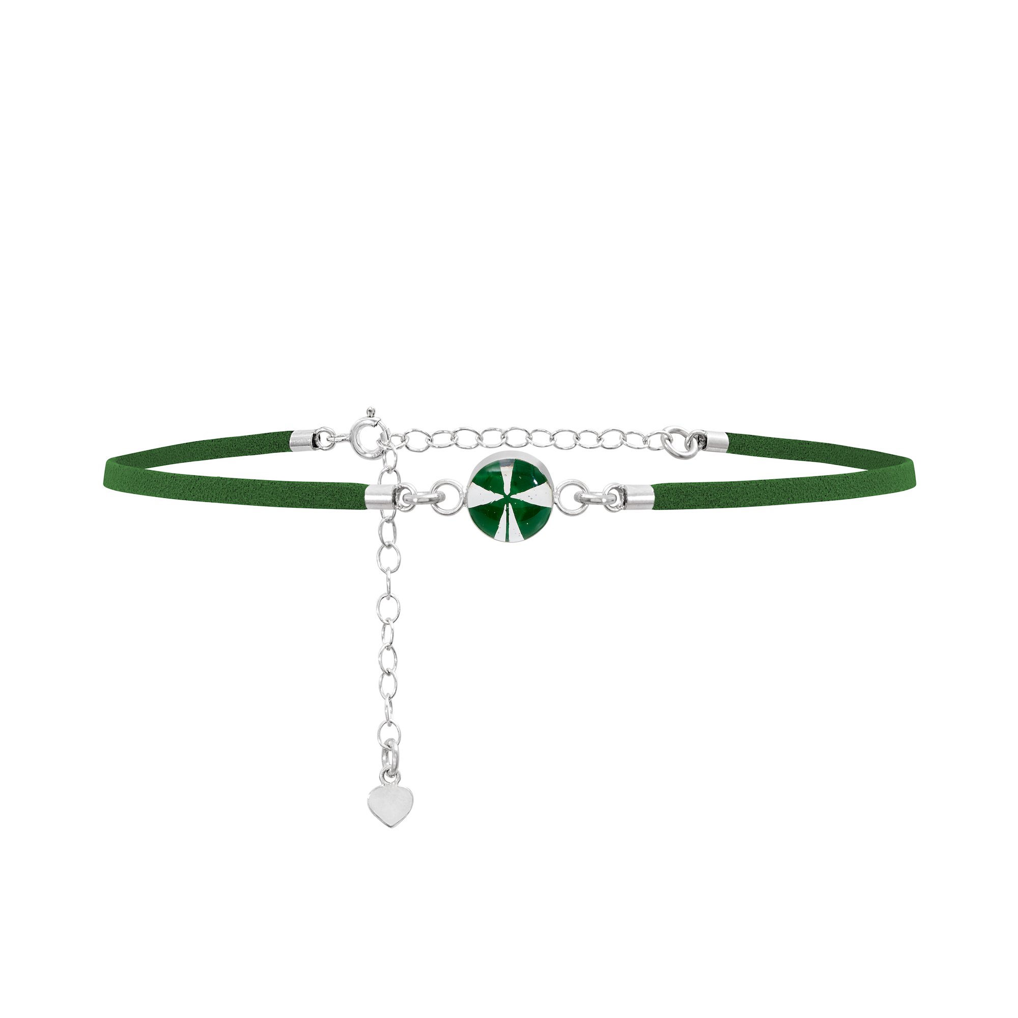 Shrieking Violet 925 Sterling Silver and Vegan Suede Round Real Flower Choker Necklace - Four-Leaf Clover (Green)