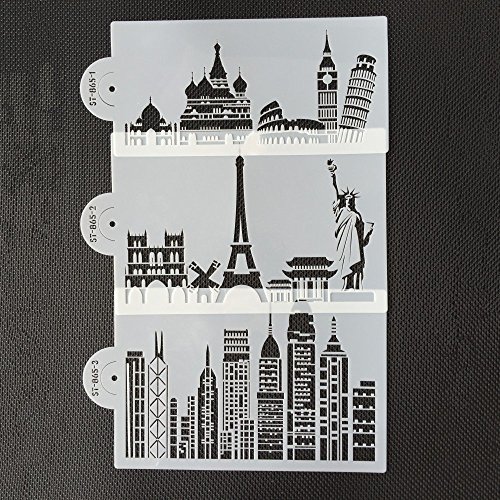 AK ART KITCHENWARE 5pcs/set 8.55 inch Landmark Building Plastic Stencils Template for Fondant Cake Decorating Supplies Decor Stencil Mold White ST-865 - Thumbnail 5