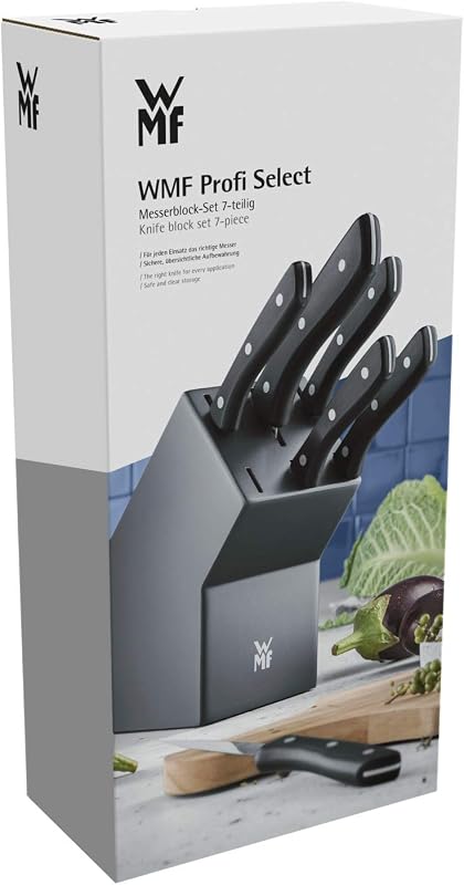 Profi Select - Juego de 7 Piezas, 6 Cuchillos con Soporte de madera lacado en Color Gris, Hoja de Acero Templado con Filo de Larga Duración